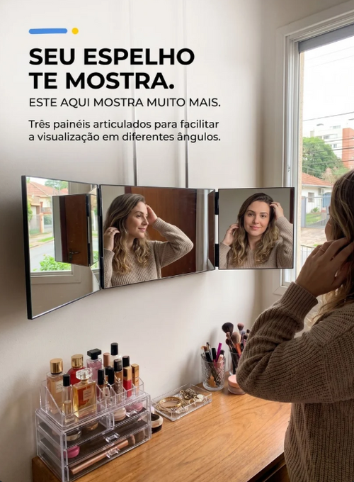 Espelho 3 Vias Dobrável | Visão Ampla para Maquiagem, Cabelo e Cuidados Pessoais