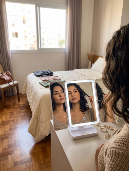 Espelho 3 Vias Dobrável | Visão Ampla para Maquiagem, Cabelo e Cuidados Pessoais