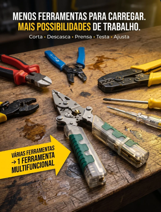 Alicate Multifuncional 18 em 1 para Fios | Decapador, Crimpador, Cortador e Detector de Tensão