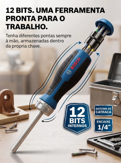 Chave de Fenda Catraca Bosch com 12 Bits | A Ferramenta Certa Sempre à Mão