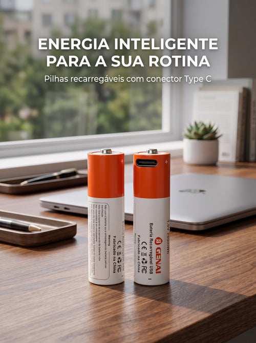 Kit 2 Pilhas AA Recarregáveis USB Tipo C | Energia Inteligente Para Seus Dispositivos