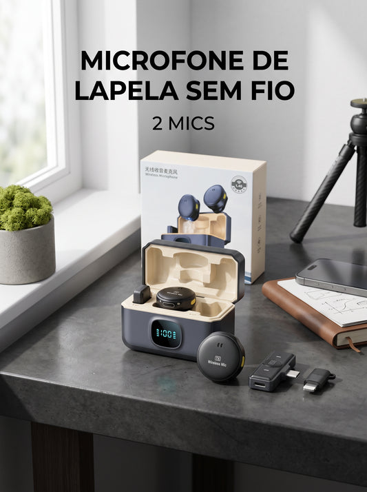Microfone de Lapela Sem Fio com 2 Microfones | Grave com as Mãos Livres