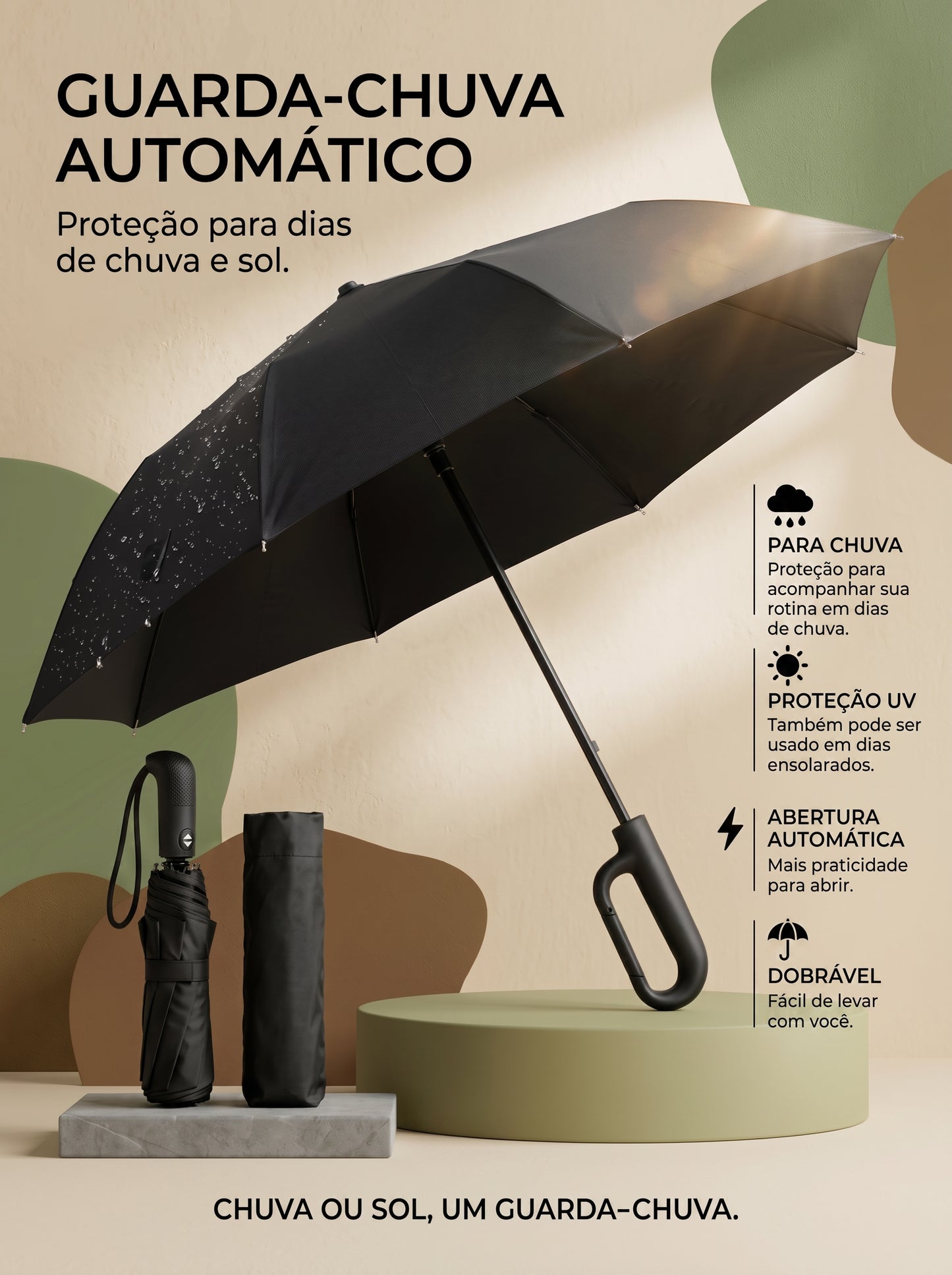 Guarda-Chuva Automático UV | Proteção Para Sol ou Chuva, Sempre à Mão